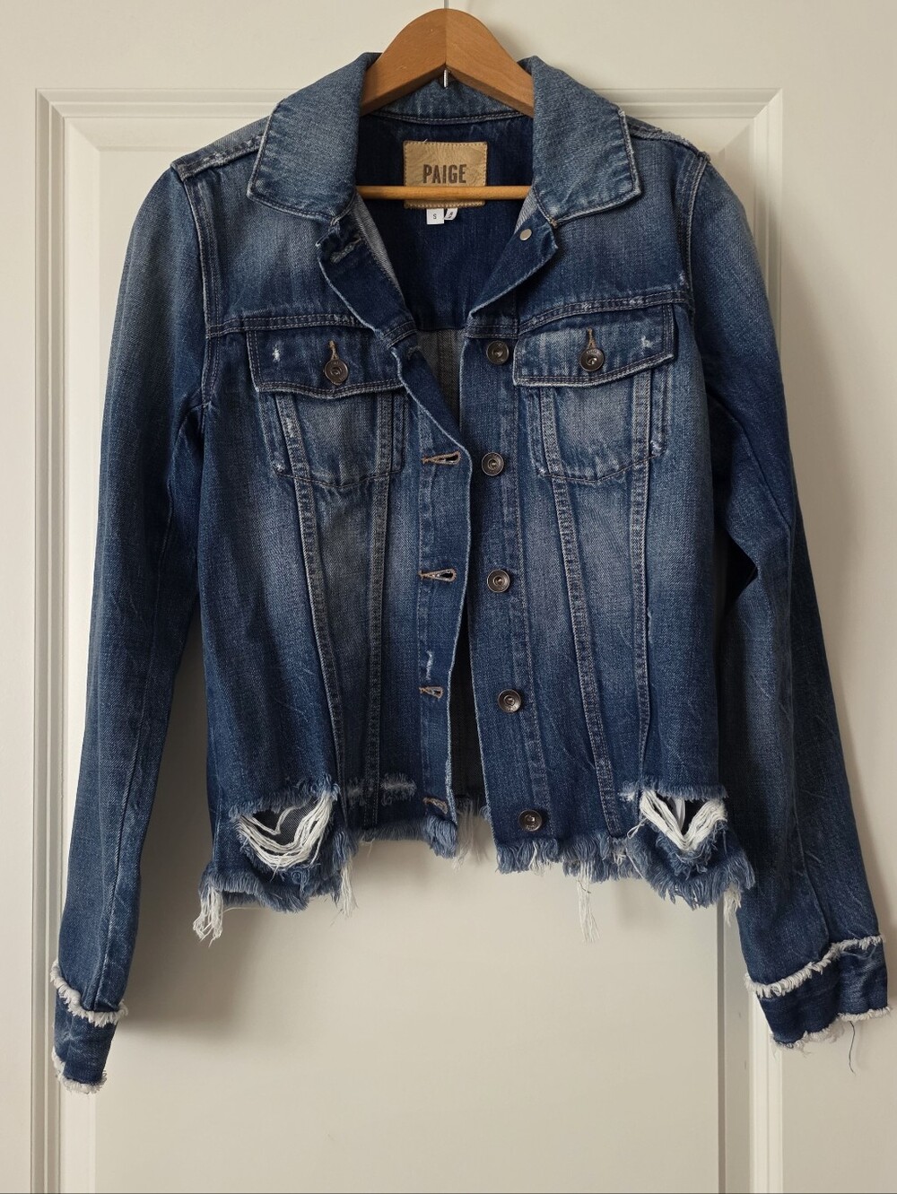 Paige Denim Distressed Jacket Womns S Boho Western Grunge Rodeo Faded Dark Blue